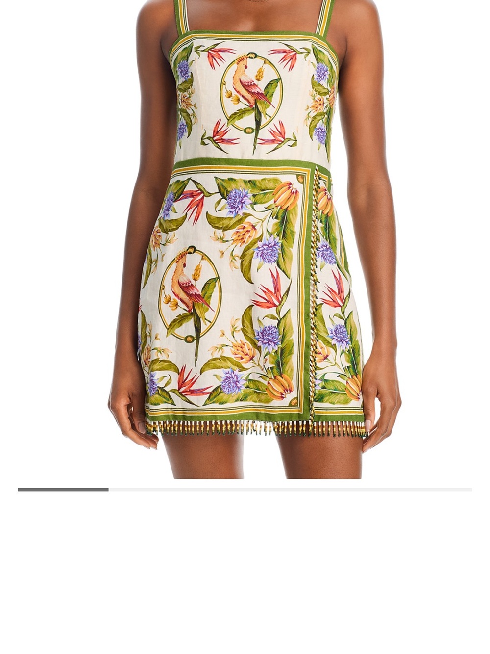 FARM Rio beaded fringe Mini Dress with Green Trim and Multicolor Bird Print - Picture 1 of 9